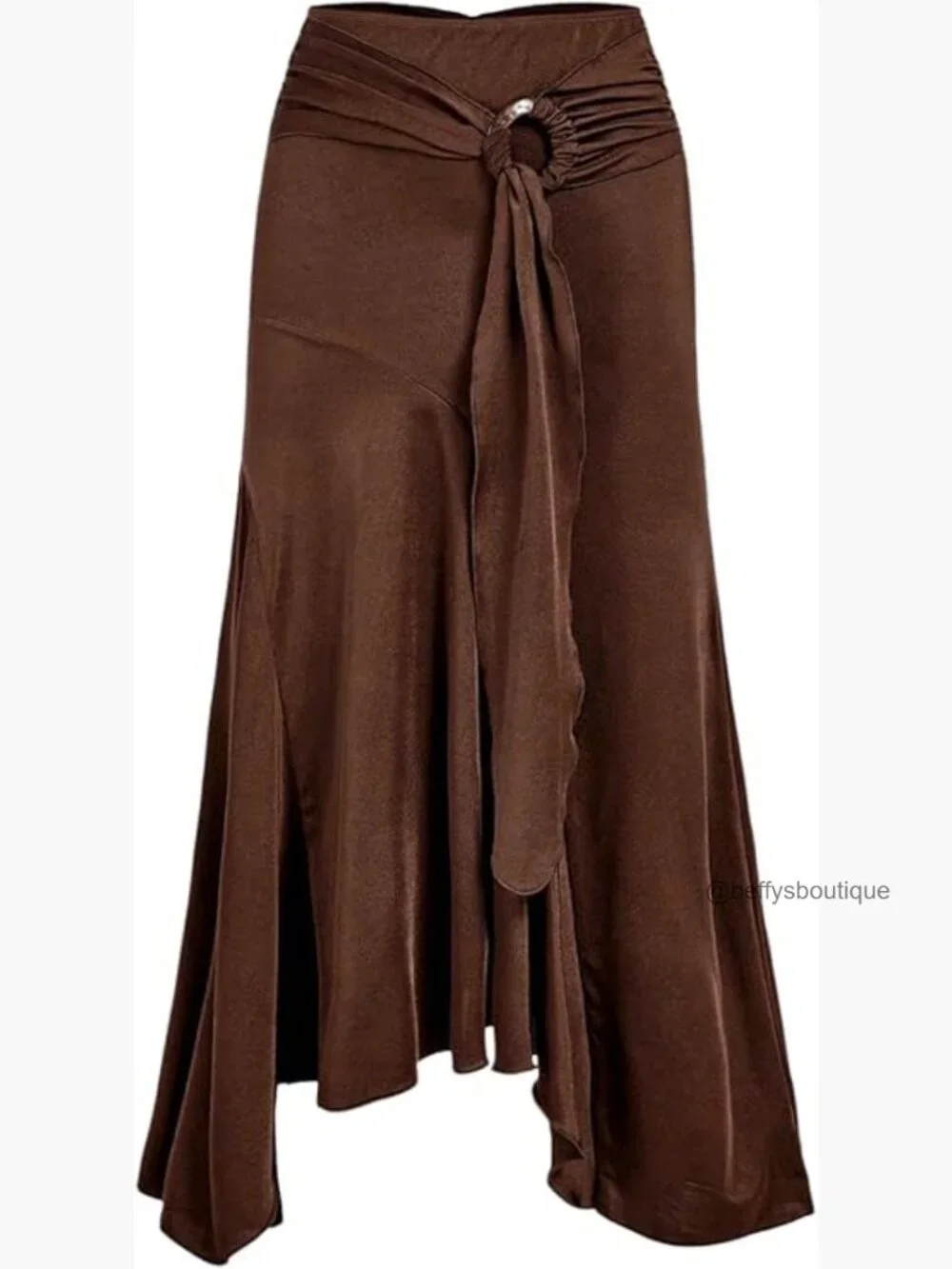 Asymmetrical Ruched Metal Ring Maxi Skirt Flowy Boho High Rise